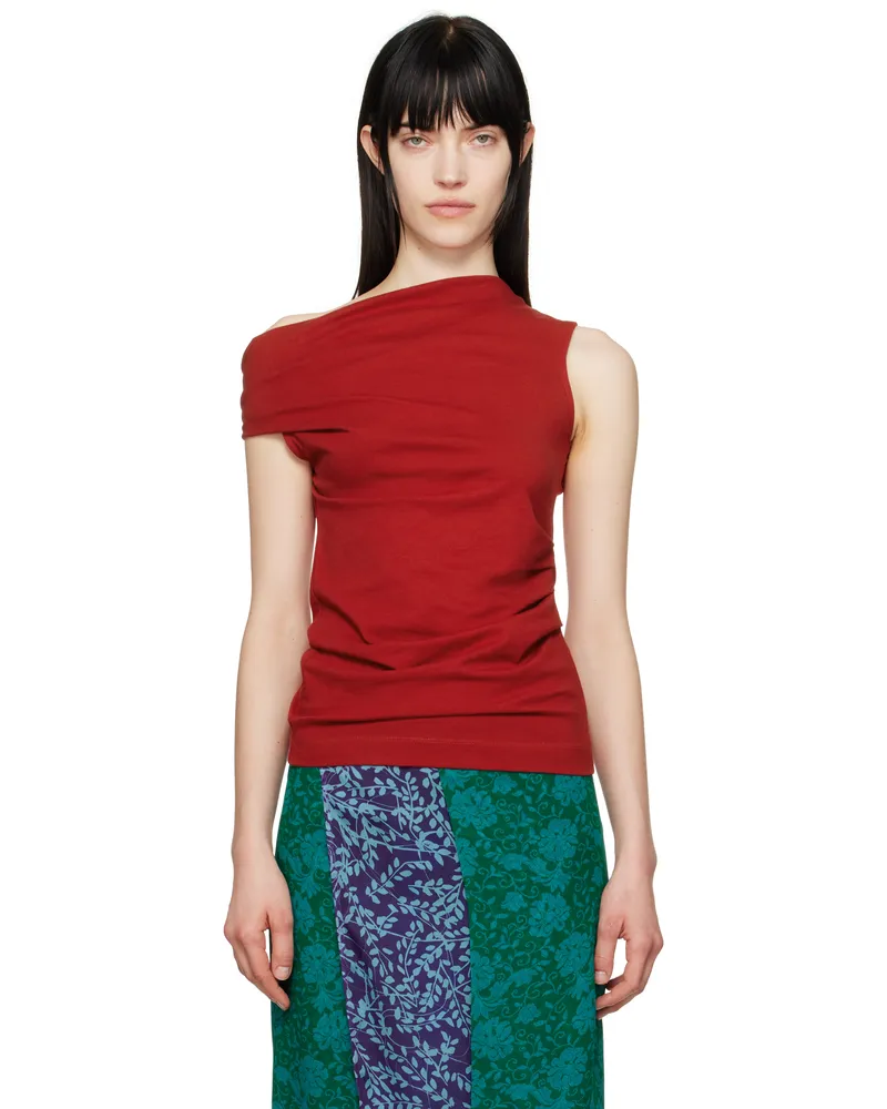 Dries van Noten Red Off-Shoulder Jersey Tank Top 352