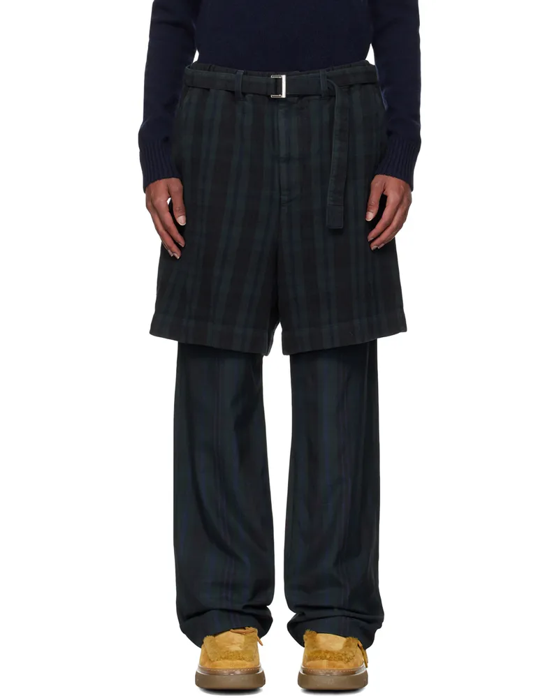 Sacai Black & Green Plaid Trousers 001