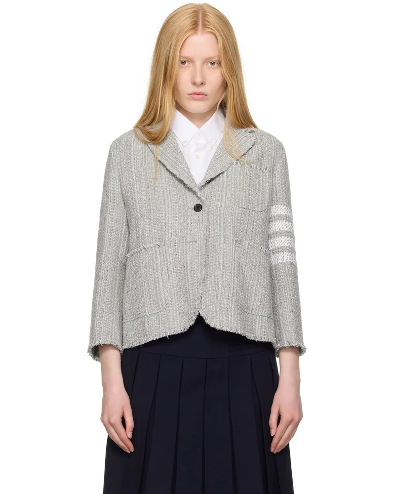 Thom Browne Gray Tweed Fray 4-Bar Cropped Sack Blazer 035