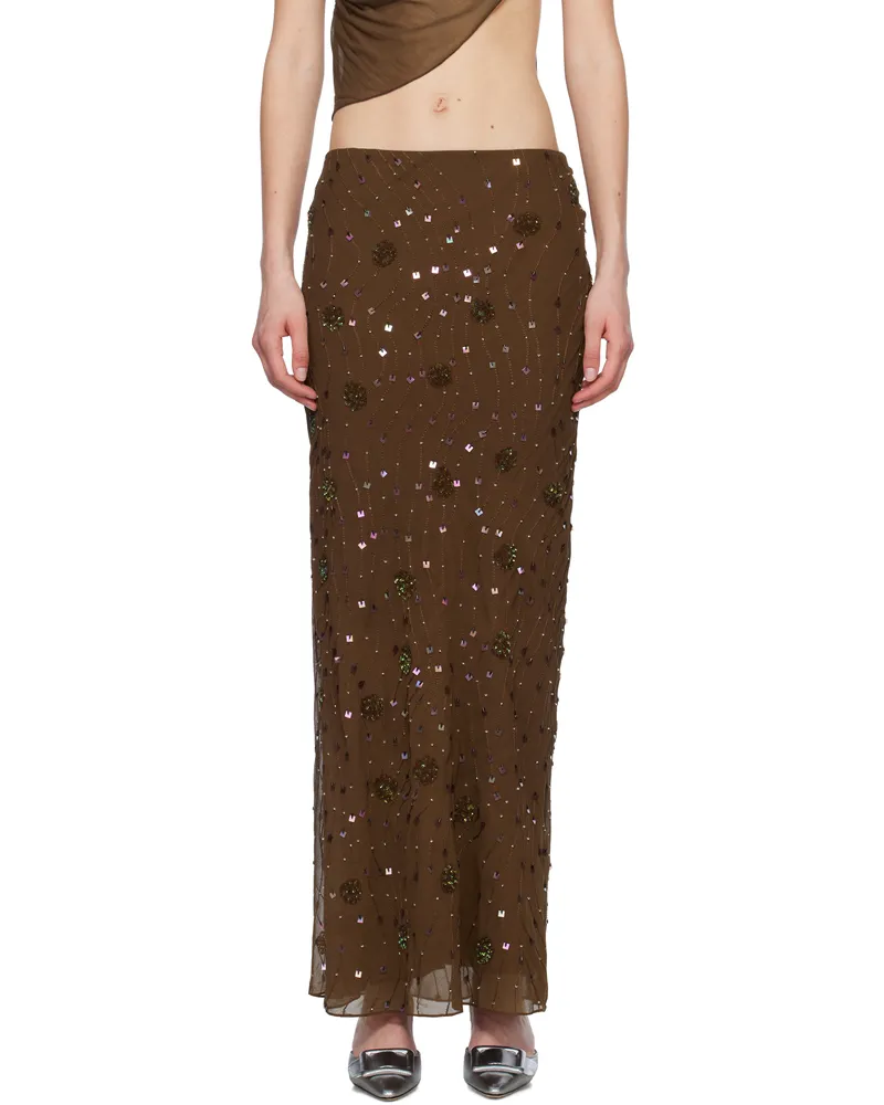 Mirror Palais Brown Beaded Maxi Skirt Brown