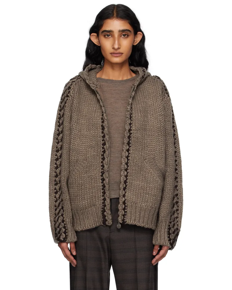 OPEN YY Brown Stitch Zip Up Knit Hoodie Brown
