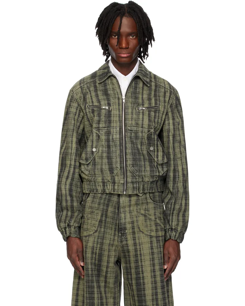 Egonlab Gray Lining Denim Bomber Jacket Tartan