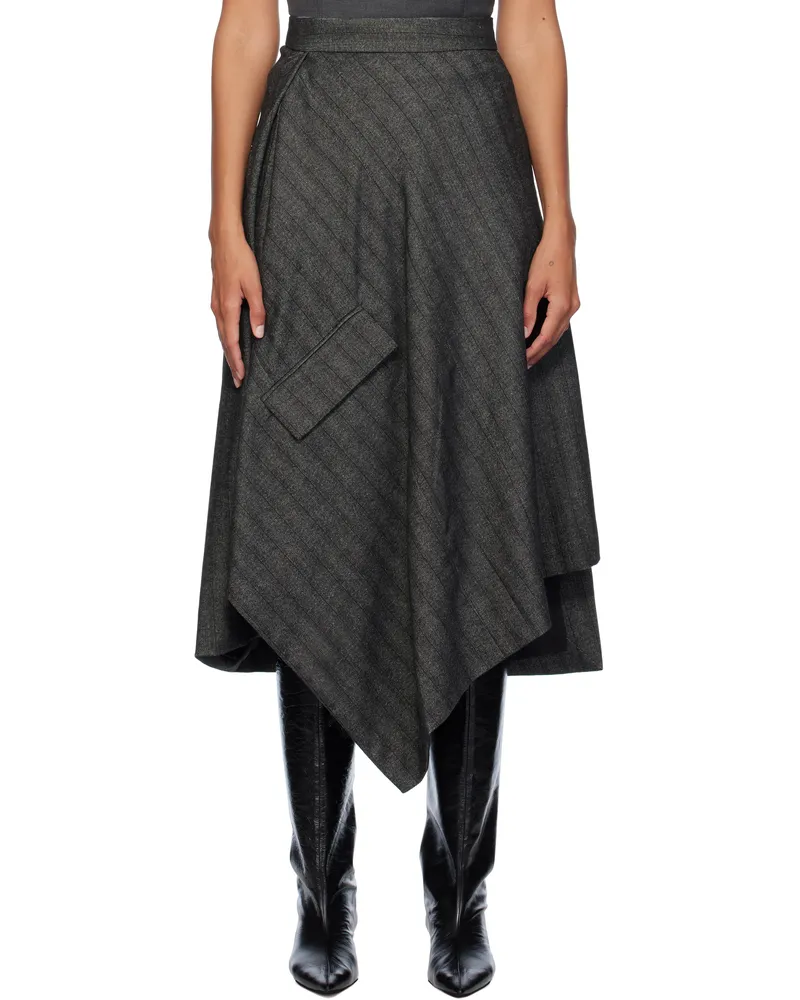 ROTATE Birger Christensen Gray Striped Draped Midi Skirt Comb