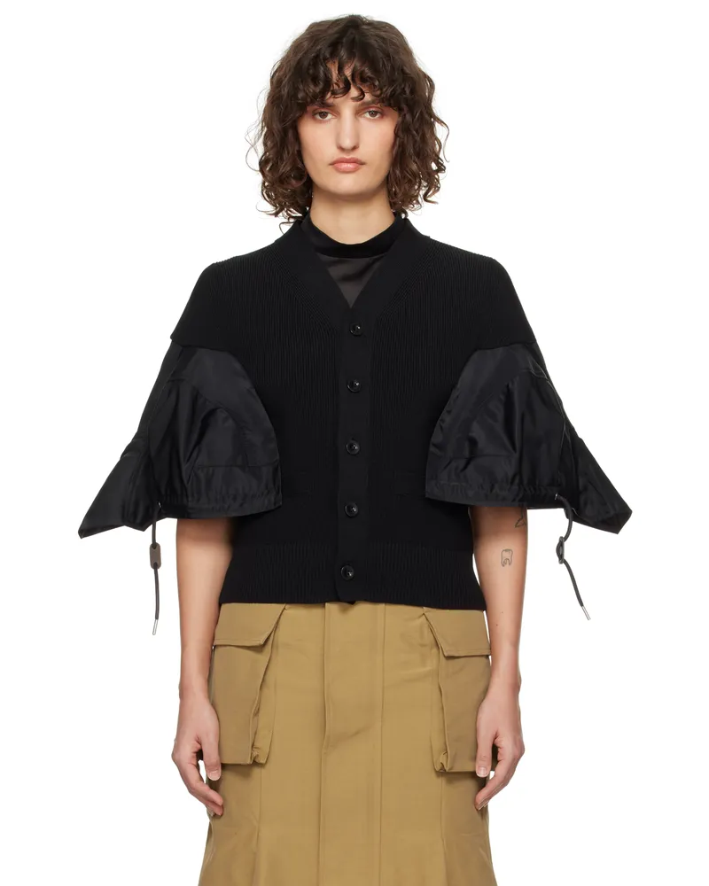 Sacai Black Nylon Twill & Knit Cardigan 001
