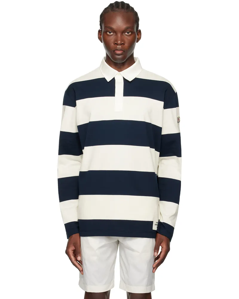 Moncler White & Navy Striped Polo P70
