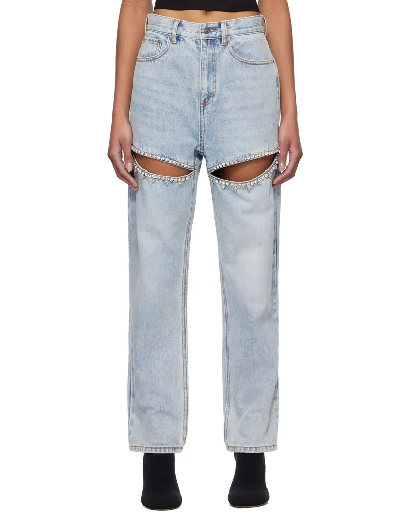 Area Blue Crystal Slit Jeans Blue