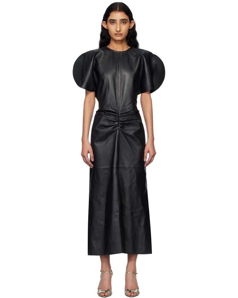 Victoria Beckham Black Gathered Waist Leather Midi Dress Black
