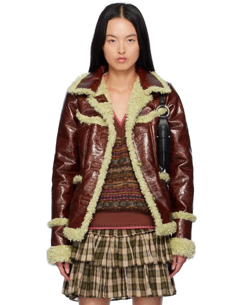 Anna Sui Brown Curly Trim Faux-Leather Jacket Tobacco