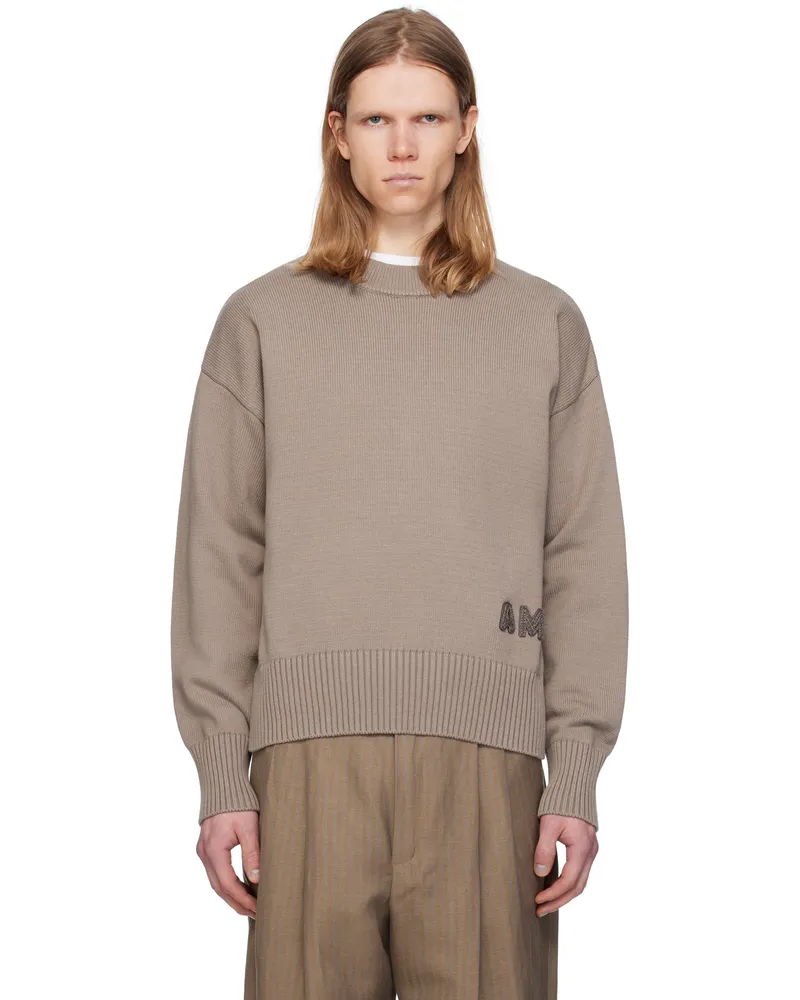 AMI Paris Taupe Cotton 'Ami' Embroidered Crewneck Sweater 0952