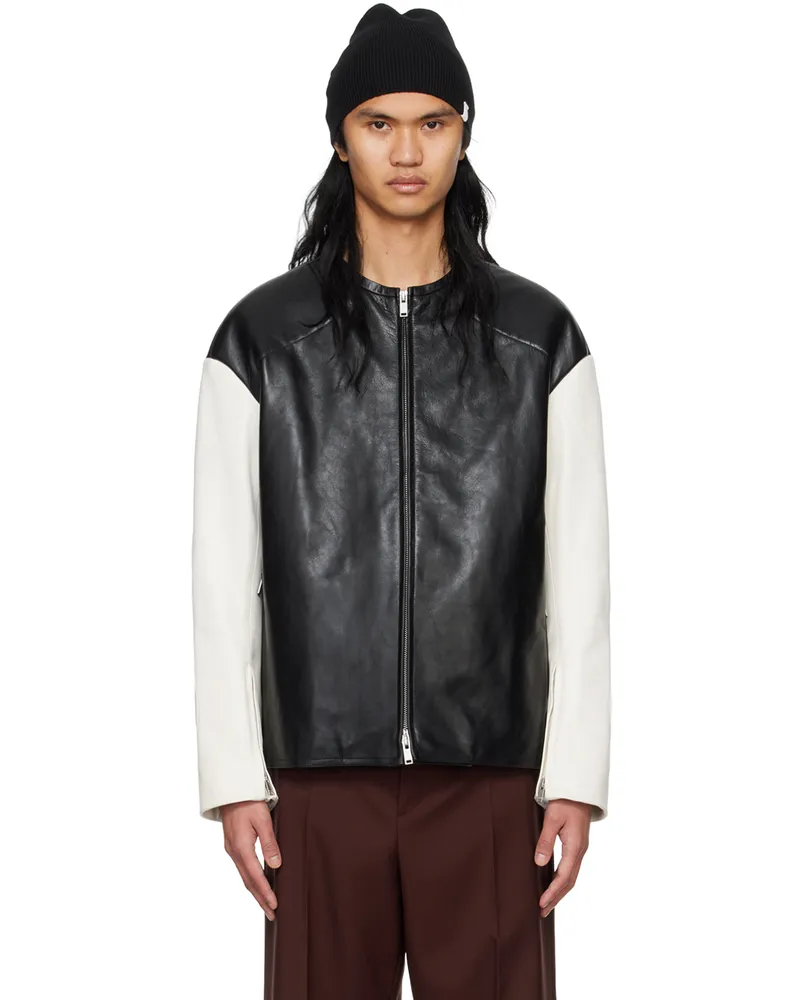 Jil Sander Black & White Zip Leather Biker Jacket 001