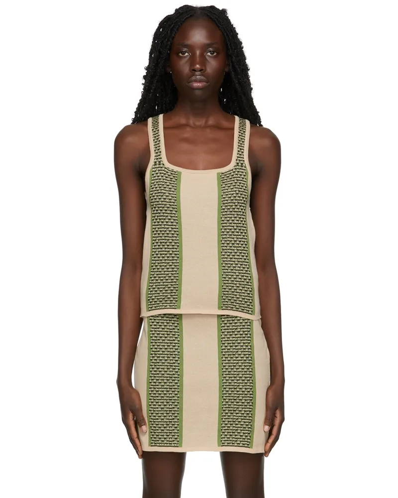 AHLUWALIA Beige & Green Textured Knit Tank Top Beige
