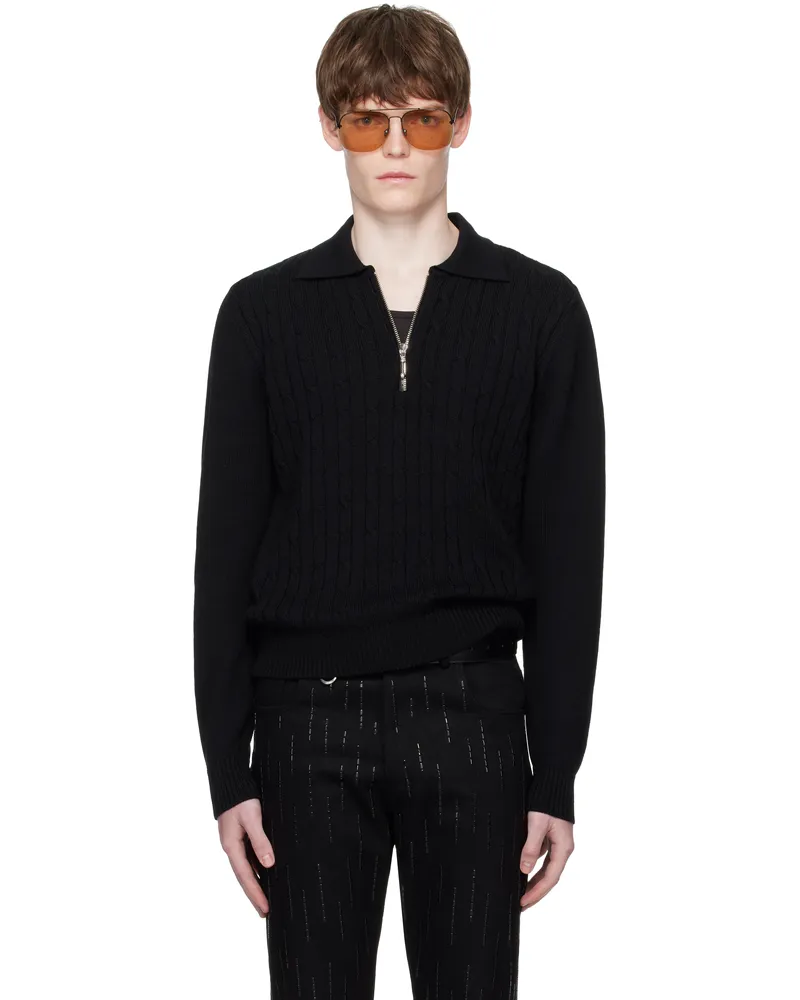 Ernest W. Baker Black Cable Knit Zip Polo Black