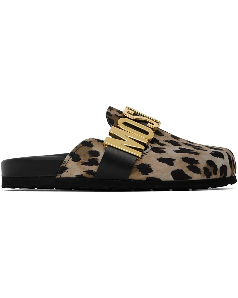 Moschino Tan & Black Leopard Logo Mules 300