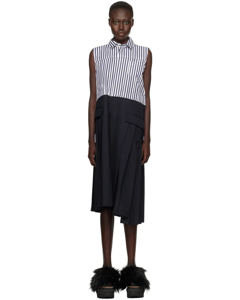 Sacai White & Navy Suiting x Cotton Poplin Midi Dress 248