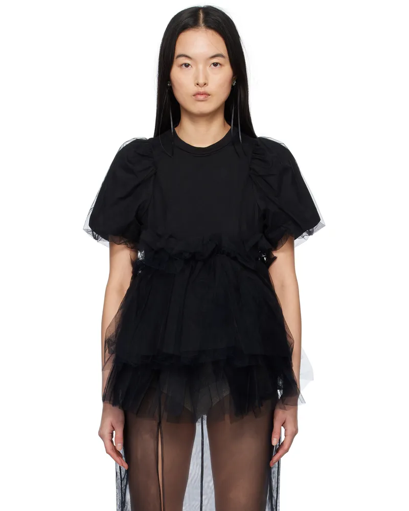 Simone Rocha Black Tulle Overlay Puff Sleeve Tutu Hem T-shirt Black