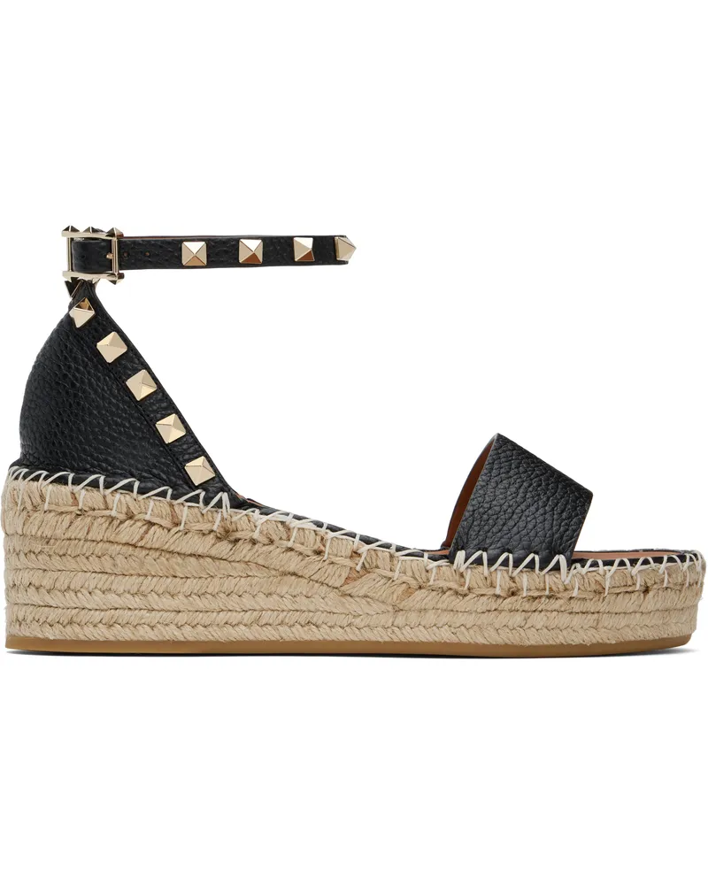 Valentino Garavani Black Rockstud Open Toe Flatform Flat Sandals N02