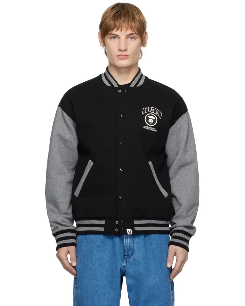AAPE by A Bathing Ape Black & Gray 'AAPE NOW' Moonface Logo Baseball Jacket Bkx