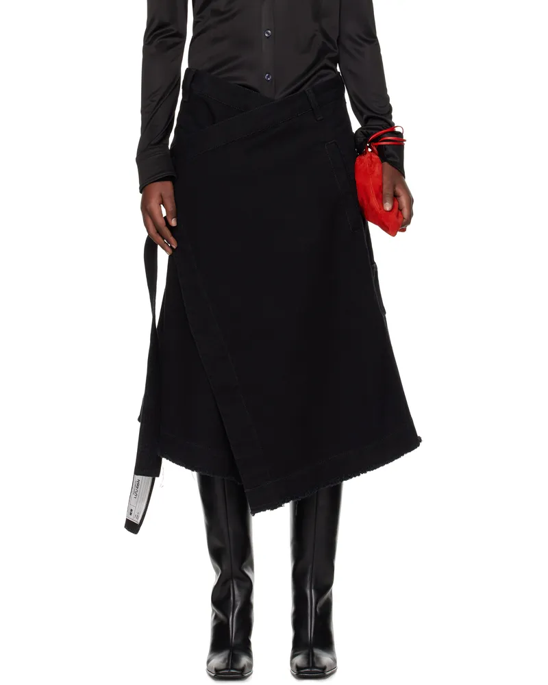 LU'U DAN Black Apron Denim Midi Skirt Black