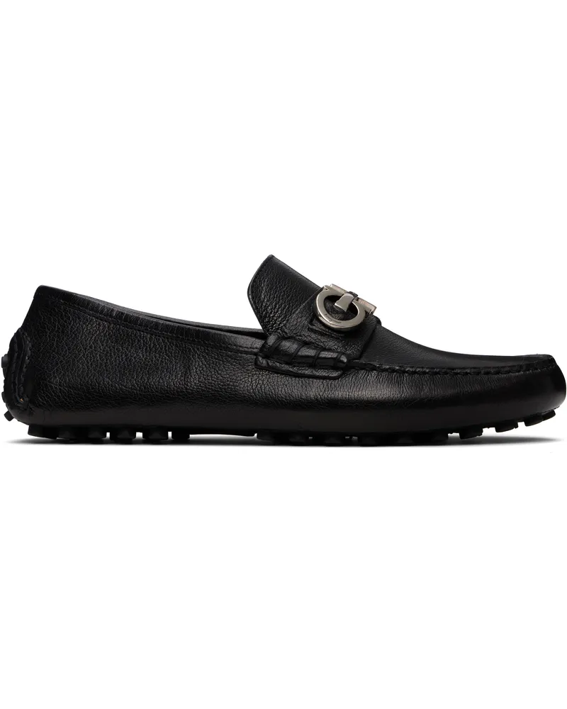 Ferragamo Black Gancini Ornament Driver Loafers Nero