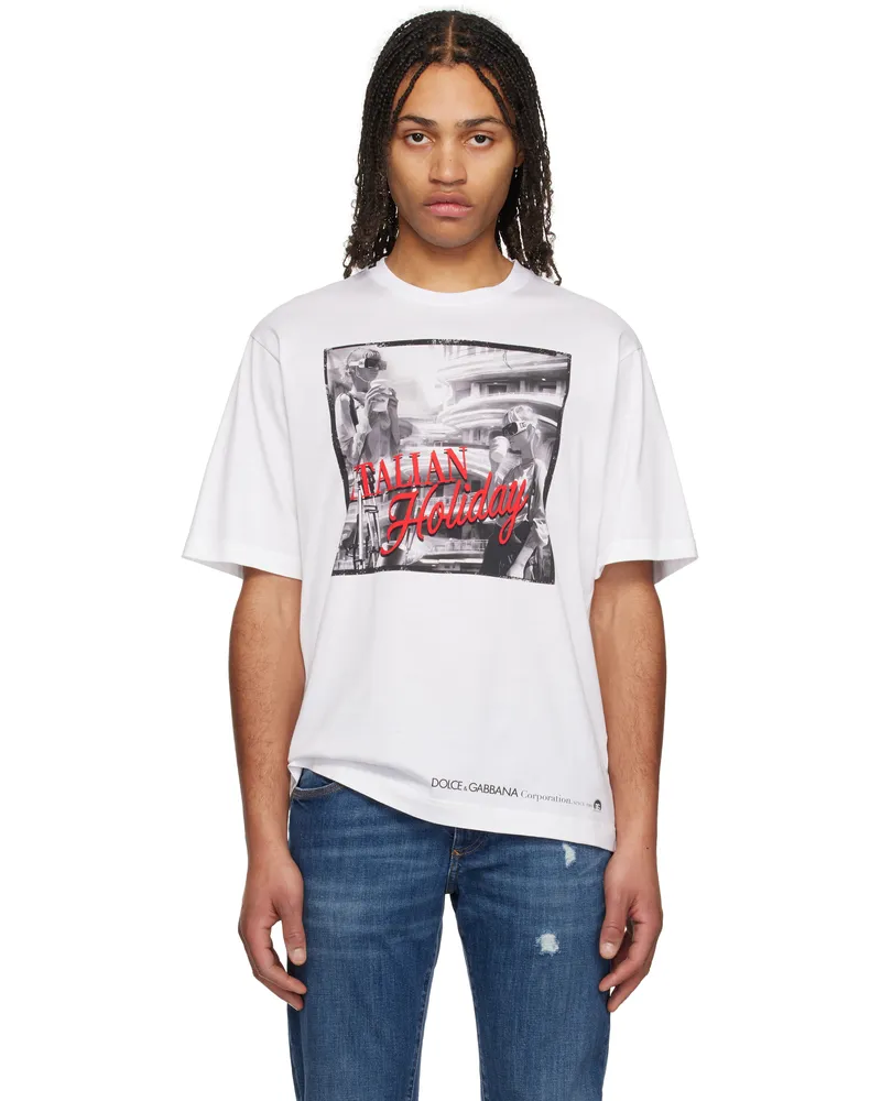 Dolce & Gabbana White 'Italian Holiday' Print Cotton T-shirt Bianco