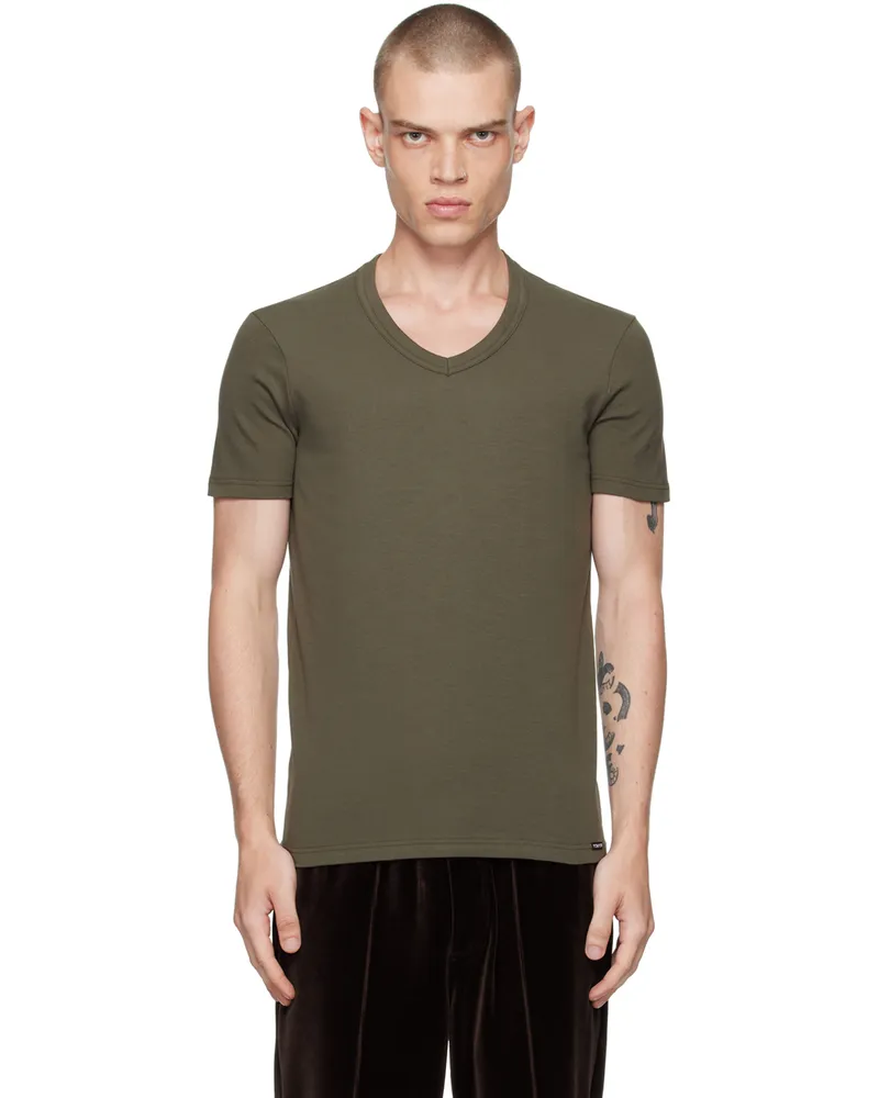 Tom Ford Khaki Cotton V-Neck T-Shirt Military