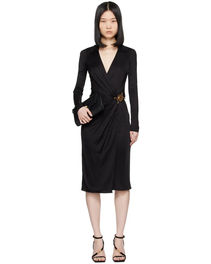 Versace Black Gathered Midi Dress 1b000