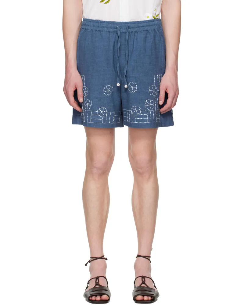 HARAGO Navy Embroidered Floral Shorts Indigo