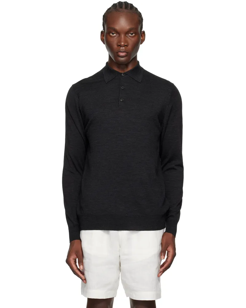 Sunspel Black Extrafine Merino Wool Polo Charcoal