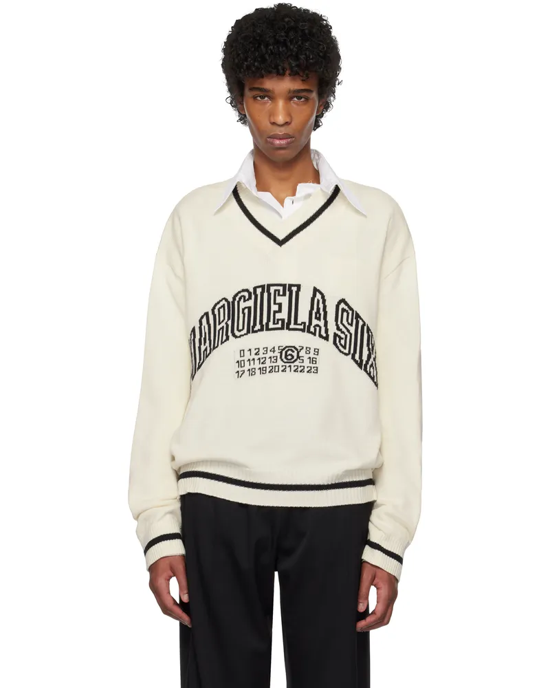 Maison Margiela Off-White V-Neck Varsity Sweater 101