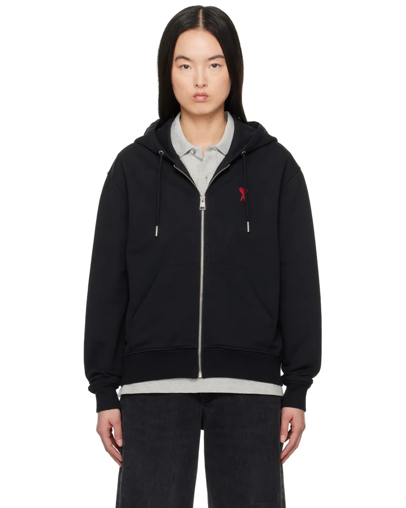 AMI Paris Black Cotton Ami de Coeur Zipped Hoodie Black