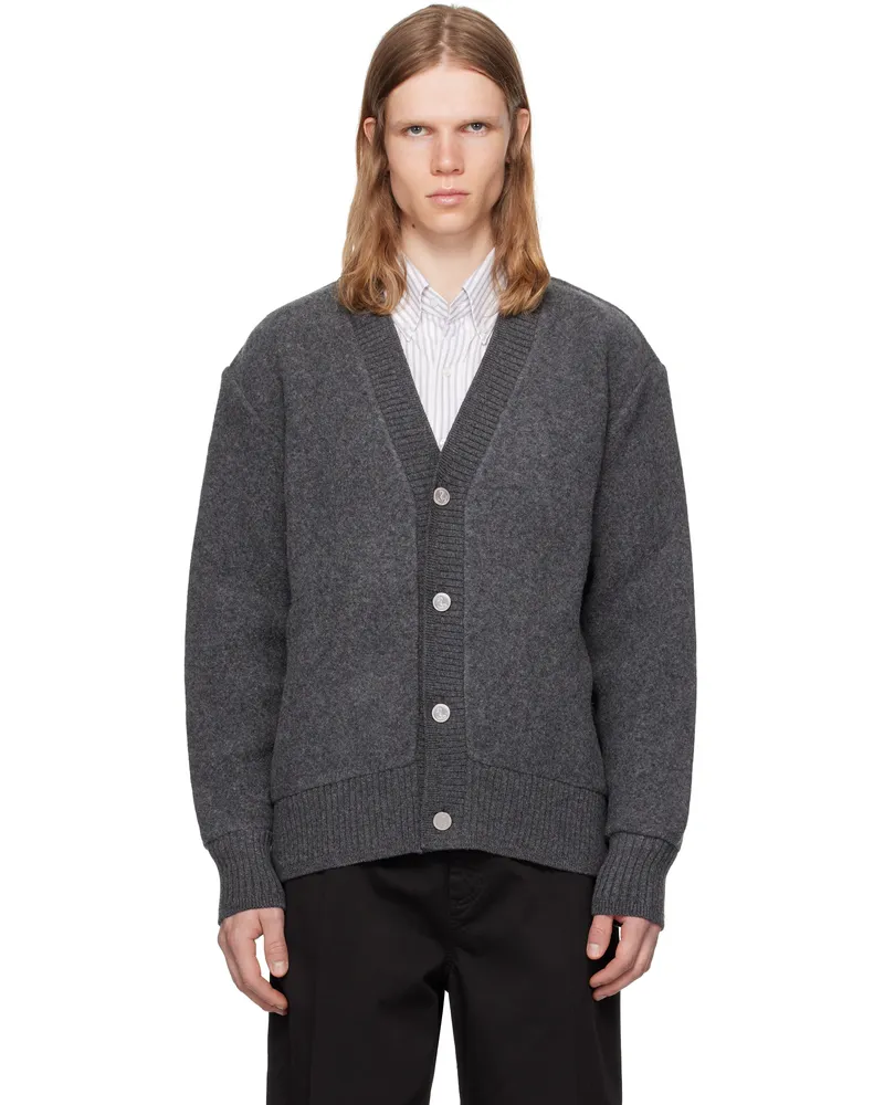 Thom Browne Gray Wool Fleece Oversized V Neck Cardigan 015charcoal