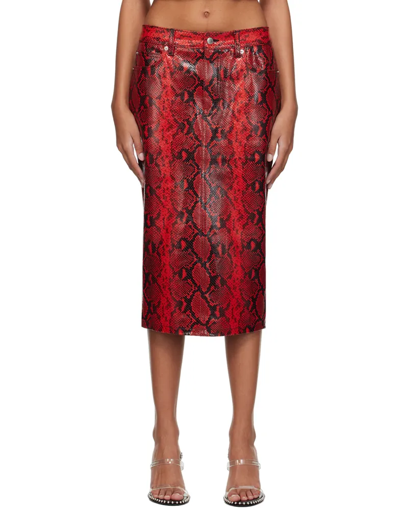 Alexander Wang Red Snake-Embossed Leather Midi Skirt 600