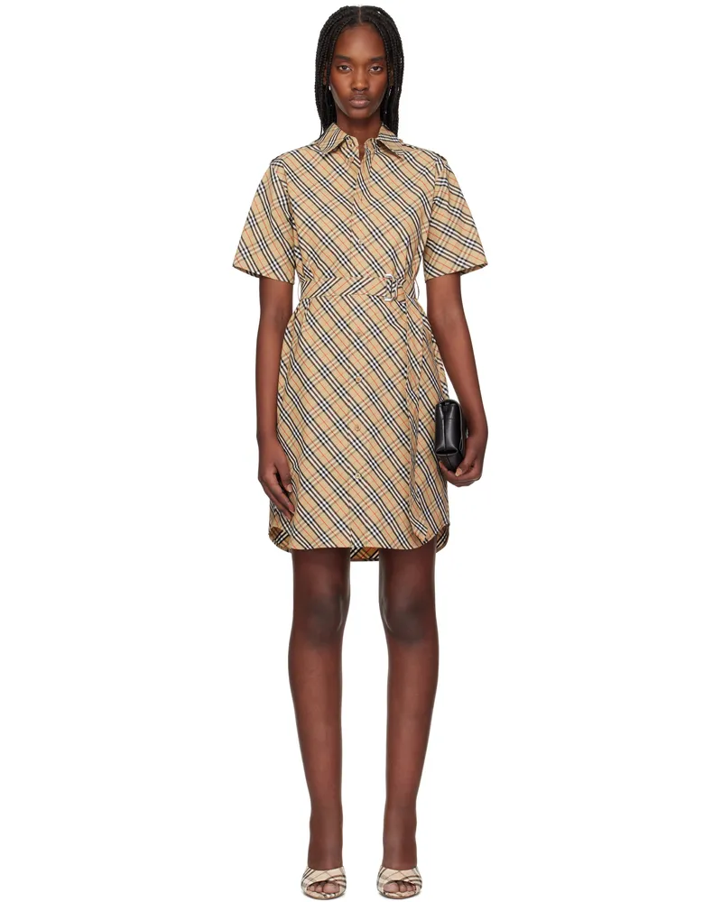 Burberry Beige Check Cotton Shirt Midi Dress Sand
