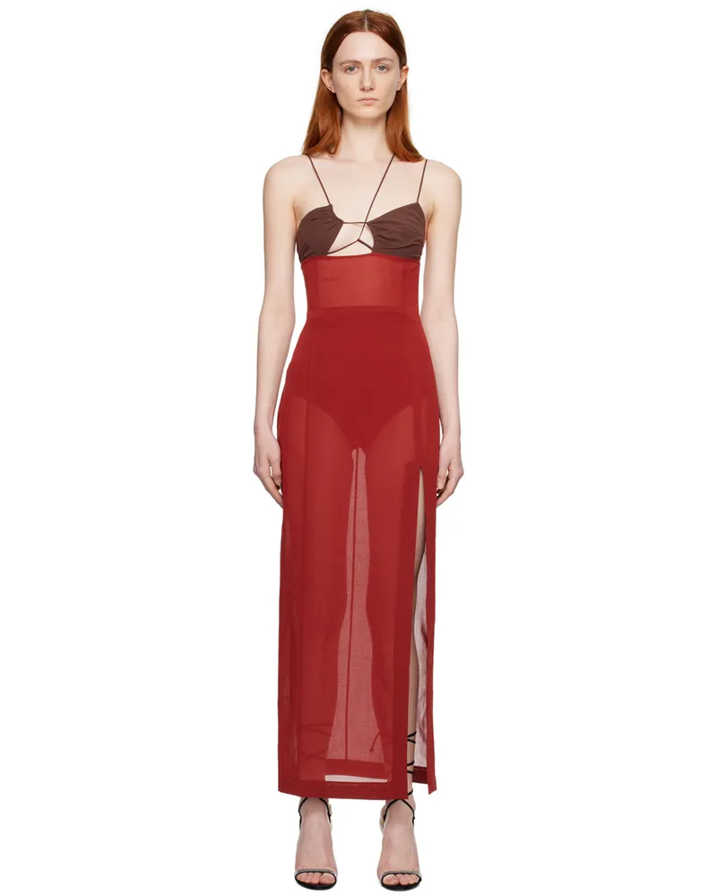 Nensi Dojaka Red & Brown Asymmetric Maxi Dress Chestnut