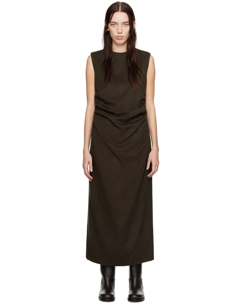 AURALEE Brown Baby Camel Flannel Midi Dress Dark