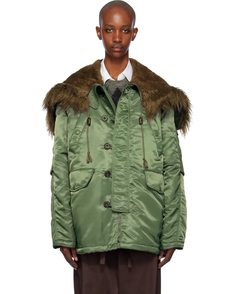 OPEN YY Green Oversized Faux-Fur Hood Puffer Jacket Khaki
