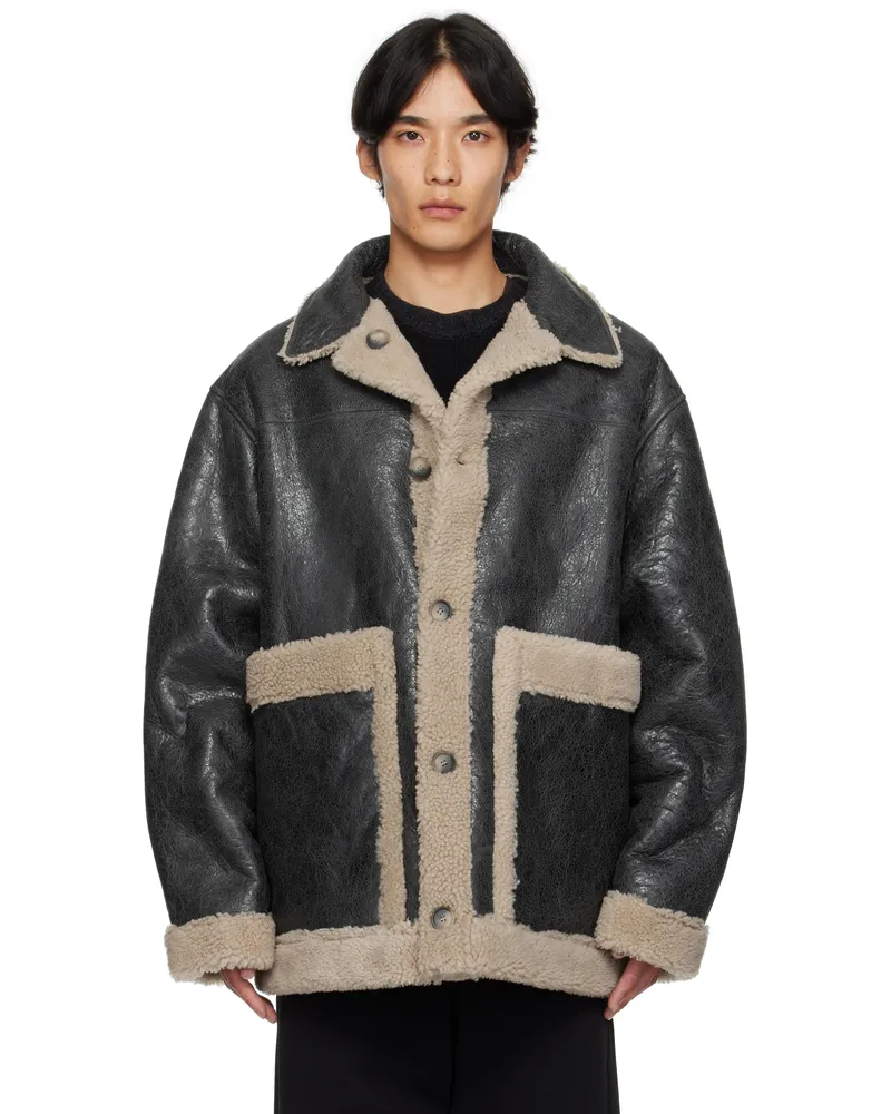 Maison Margiela Black & Beige Crackled Reversible Shearling Jacket 961