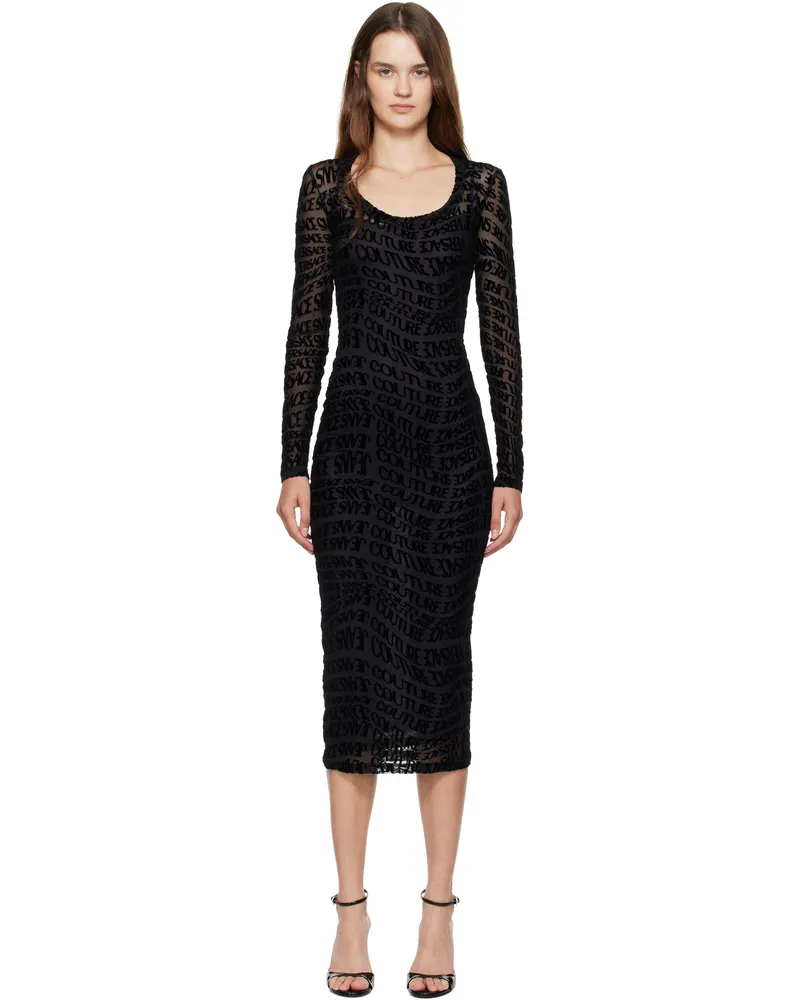 Versace Jeans Black Vestiti Tulle Flock Liquify Midi Dress E899
