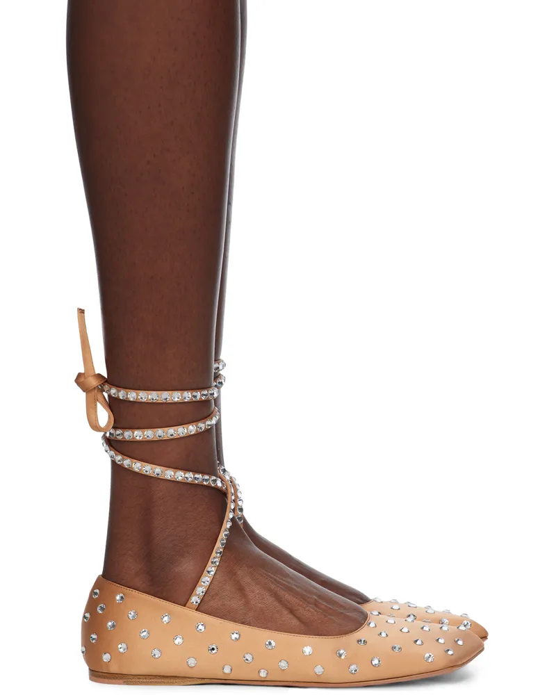 Amina Muaddi Beige Ane Crystal Lace Up Ballerina Flats Latte