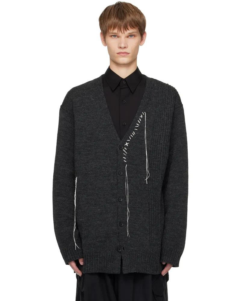 Yohji Yamamoto Gray Plain Stitch Embroidery V Neck Cardigan 1