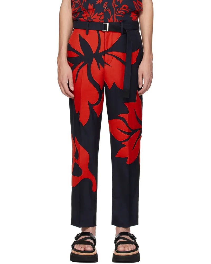 Sacai Navy & Red Floral Appliqué Trousers 217