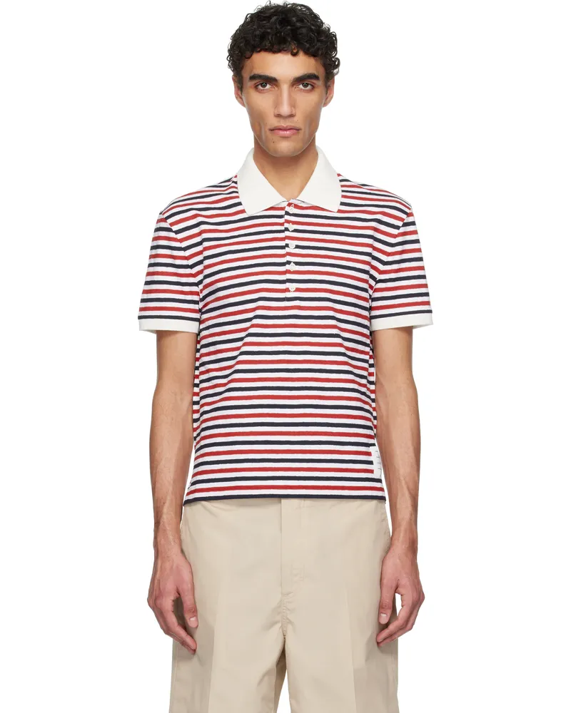 Thom Browne White & Red Linen Jersey Short Sleeve Polo 960