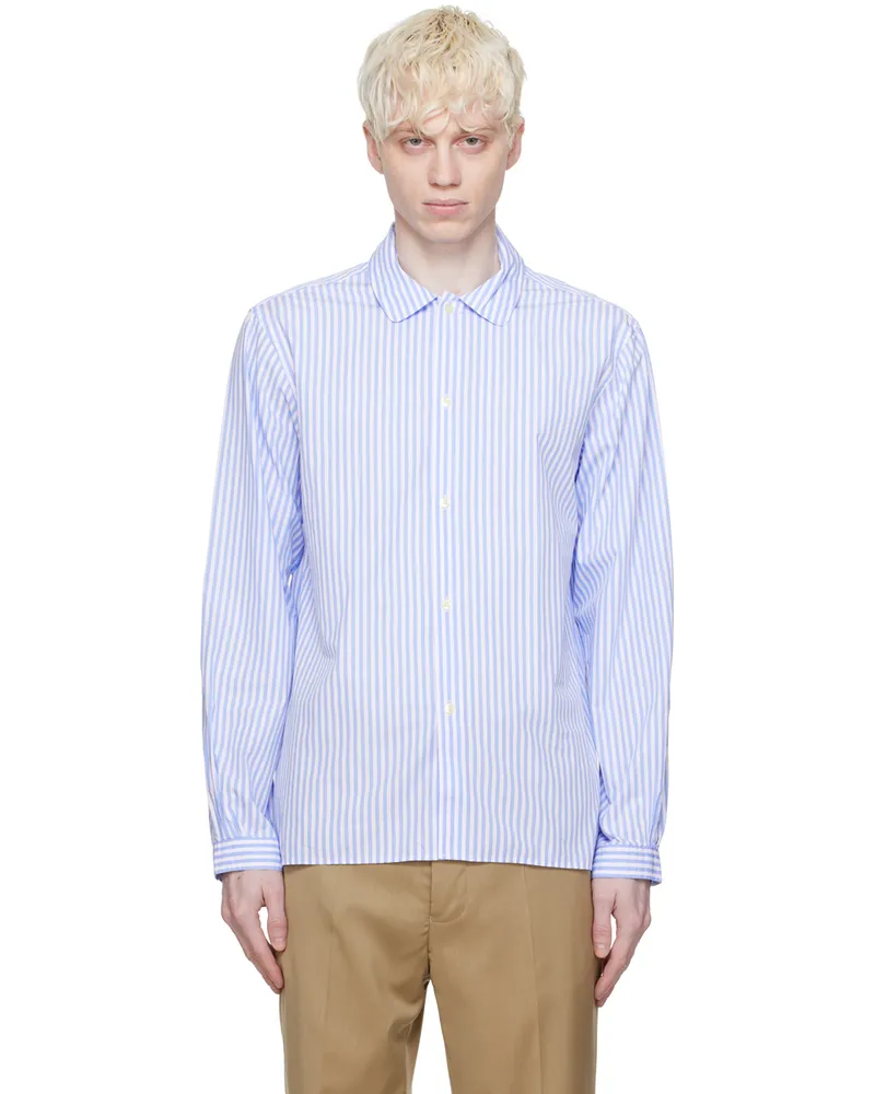 Officine Generale White & Blue Eloan Long Sleeve Shirt White