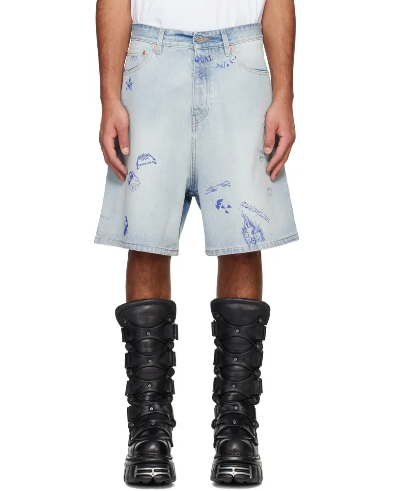 VETEMENTS Blue Scribbled Denim Shorts Light