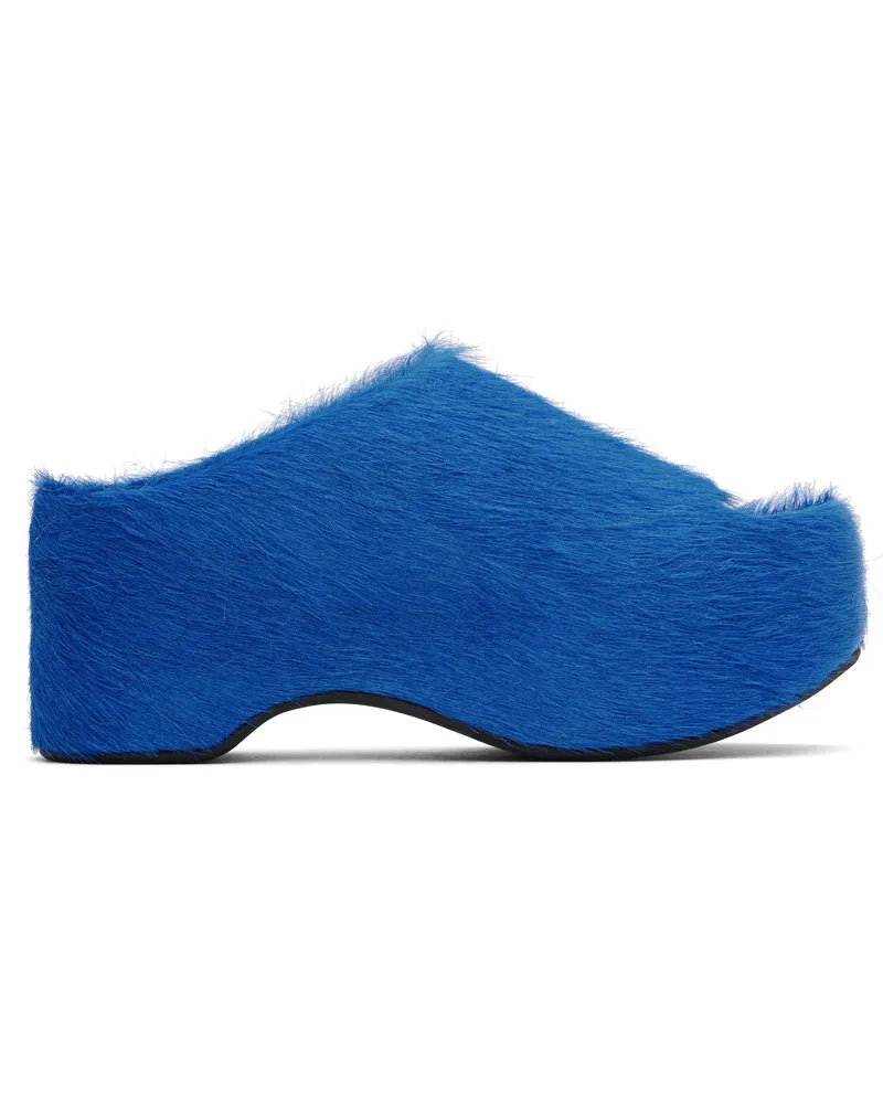 Marni Blue Long-Hair Calfskin Chunky Clog Slide Sandals 00b57