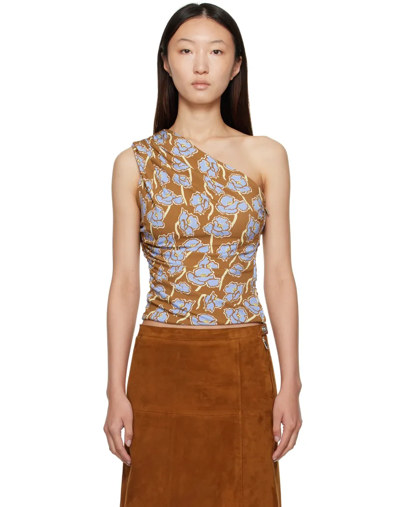 Versace Multicolor Poppies Gathered One-Shoulder Top 5n630-tobacco+powder