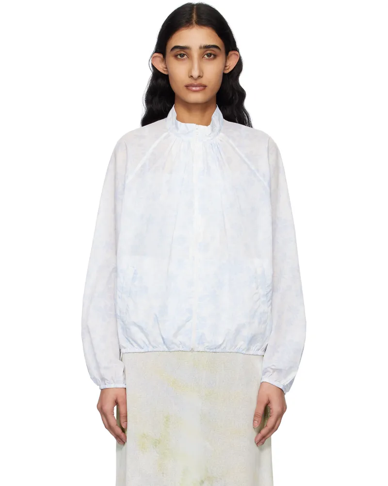 Kijun White & Blue Flower Sheer Windbreaker Jacket Print