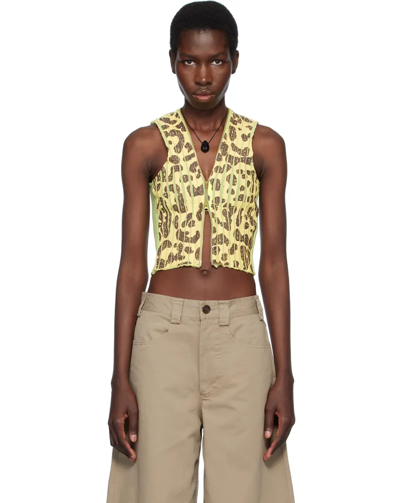Stanley Raffington Yellow & Green Leopard Print Plated Knit Cropped Tank Top Black