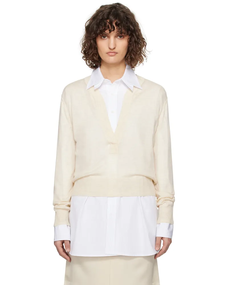 RECTO Off-White Deep Henley Neck Sheer Knit Sweater Ivory