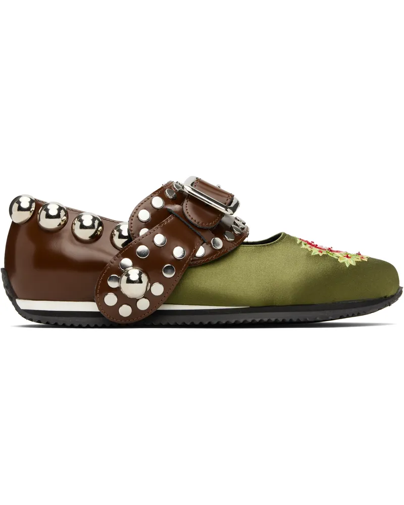 CHOPOVA LOWENA Green & Brown Spur Strap Mary Jane Ballerina Flats Green